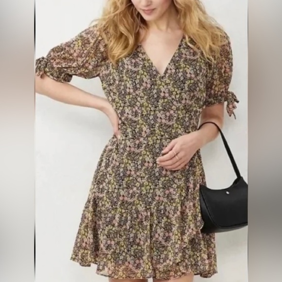 Lauren Conrad Brown Floral Button Side Mini Wrap Dress SZ M - Picture 2 of 15